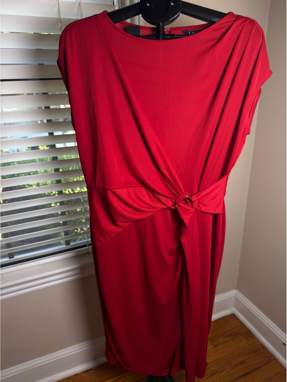 Lauren Ralph Lauren Red Ring Detail Jersey Midi Dress Size 14 NWT Wedding Guest